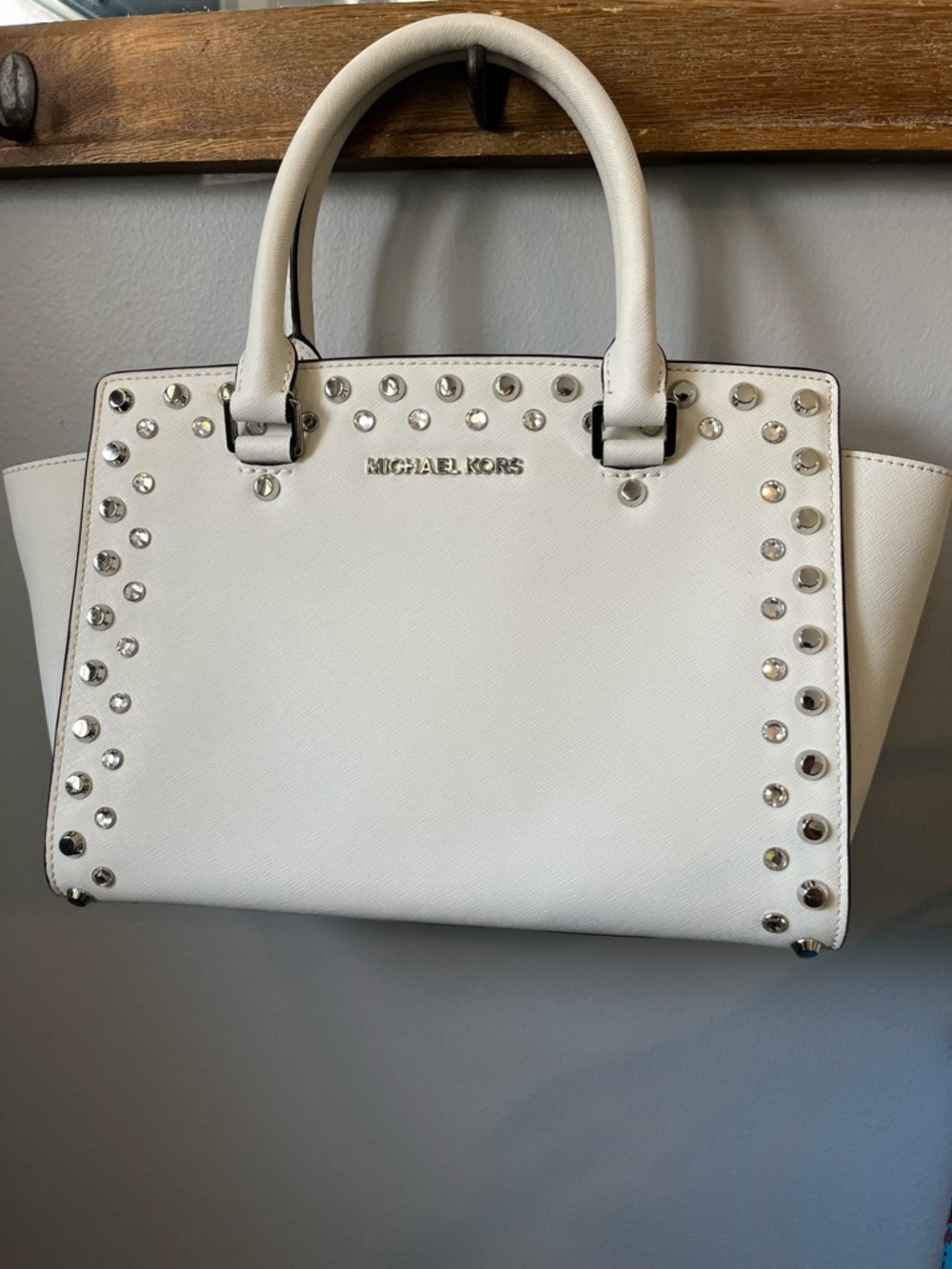 Michael Kors Selma Stud Medium Satchel White Leather Silver Studs Bag